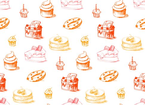 Tasty Cakes Seamless Pattern. Cream Food Background. Bakery sticker and wrap, print and fabric. Candy, sweet wallpaper. Vector