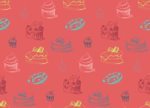 Tasty Cakes Seamless Pattern. Cream Food Background. Bakery sticker and wrap, print and fabric. Candy, sweet wallpaper. Vector