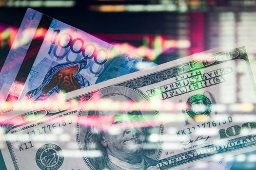 Money on the chart quotes. Tenge with dollar on the trading chart. Analysis of the currency pair tenge to dollar. Crisis. Depreciation. Play on the exchange with Kazakhstan tenge KZT, currency market, stock market.