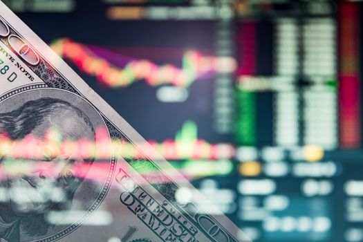 Money on the chart quotes. Us dollar on a trading chart, stock exchange or currency market. 100 bucks on Forex