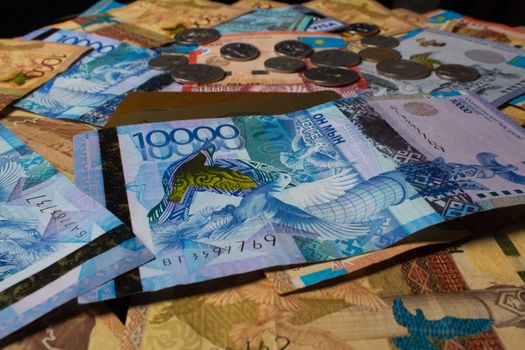 Tenge KZT. National currency of Kazakhstan, KZ. Exchange rate. Economy, development, business, Bank, broker.