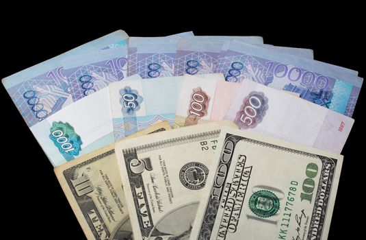 Kazakhstan tenge, Russian rubles, us dollar. Currency exchange, international relations. Dollar rate. Banknotes of different countries