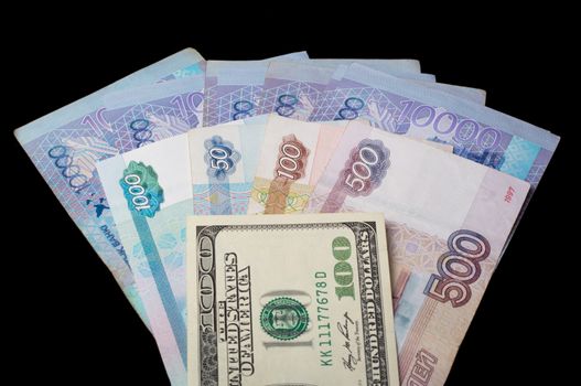 Kazakhstan tenge, Russian rubles, us dollar. Currency exchange, international relations. Dollar rate. Banknotes of different countries