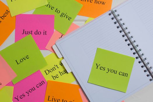 Motivational words on colorful stickers on white background. A vision Board. Copy space. Cards with words. Affirmation, development, training, seminar. Plan, strategy, to-do list, concept. Creativity,