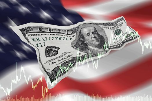 A hundred-dollar bill with the American flag and a trade chart. Crumpled dollars.