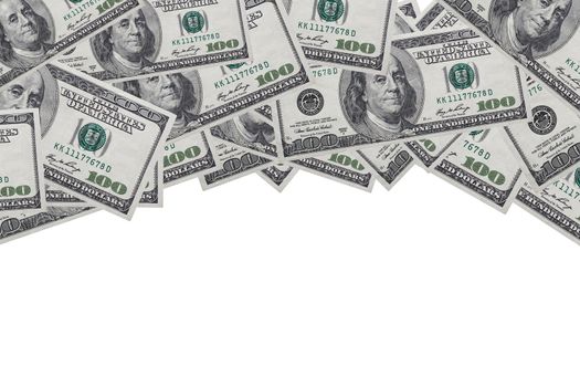 Background of 100 dollar bills on a white background with a place for records, copy space.