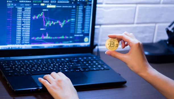 Cryptocurrency. A girl holds a Bitcoin coin sitting in front of a laptop analyzing a trader's price chart on the exchange or Forex. Bitcoin in hand against the background of trading charts.