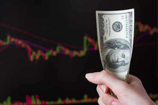 the hand holds a hundred-dollar bill against the background of the exchange or currency market chart. One hundred dollar bills on a black background with a trading chart. American dollars