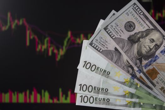 Hands holding euro and dollars. EUR in front  a monitor with a price chart.Forex and trading.A trader trades stocks,bonds and securities or currencies on the Forex market or stock exchange for euro