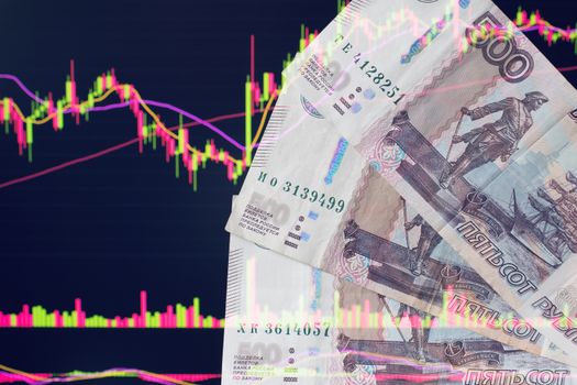 Russian rubles against the background of the exchange's trading schedule. Trading stocks, bonds, and securities on the stock exchange. Trader in Russia with the ruble