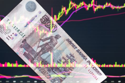 Russian rubles against the background of the exchange's trading schedule. Trading stocks, bonds, and securities on the stock exchange. Trader in Russia with the ruble