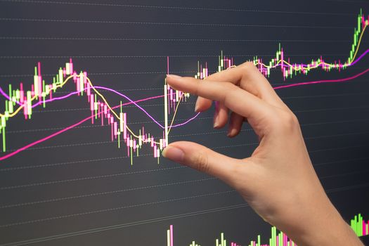 The hand points to the candle chart. Trader investor analyzes the chart of price changes on Forex or a trading exchange. View the price of shares, bonds, securities, and currency on the exchange.