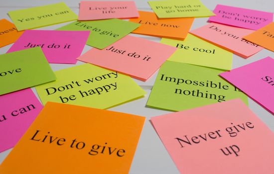 Motivational words on colorful stickers on white background. A vision Board. Cards with words. Affirmation, development, training, seminar. Plan, strategy, to-do list, concept. Creativity, project, ar