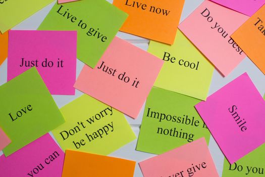 Motivational words on colorful stickers on white background. A vision Board. Cards with words. Affirmation, development, training, seminar. Plan, strategy, to-do list, concept. Creativity, project, ar