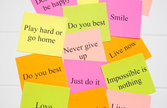 Motivational words on colorful stickers on white background. A vision Board. Cards with words. Affirmation, development, training, seminar. Plan, strategy, to-do list, concept. Creativity, project, art