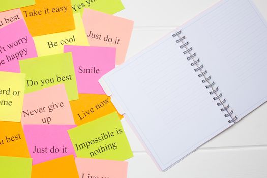 Motivational words on colorful stickers on white background. A vision Board. Copy space. Cards with words. Affirmation, development, training, seminar. Plan, strategy, to-do list, concept. Creativity,