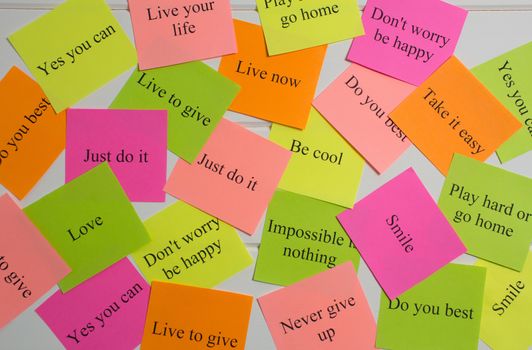 Motivational words on colorful stickers on white background. A vision Board. Cards with words. Affirmation, development, training, seminar. Plan, strategy, to-do list, concept. Creativity, project,
