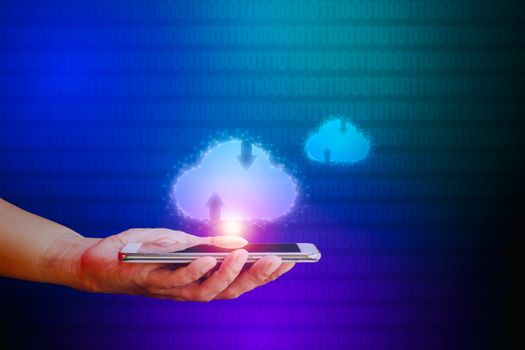 Hand holding smartphone with cloud icon on blue and green binary code background. Communication of business and financial. Cloud data storage concept.