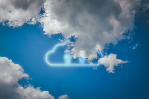 Cloud data storage concept. White cloud and arrow on blue sky background with copyspace. Communication of business and financial. Transfer data to storage. 