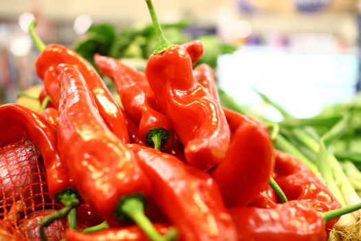 red peppers in the market, macro close up