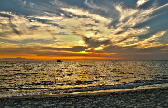 Red purple orange sunset over sea, beautiful cloud space