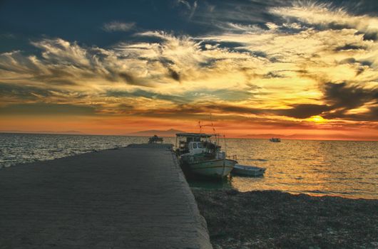 Red purple orange sunset over sea, beautiful cloud space