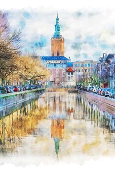 Digital watercolor painting of Saint James church reflected on the canal calm water nested to the royal stable, in The Hague, Netherlands