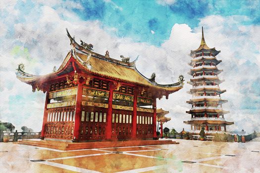 Watercolor of a red chinese pagoda or temple at high mountain hill under a cloudy sky, Cameron Highland, Malaysia