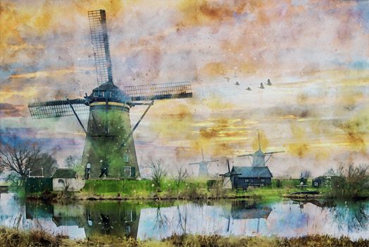 Watercolor painting of a group of geese flying above the Dutch windmills during the sunset moment