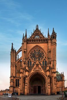 Up view of the Saint Etienne cathedral in Metz under a bright and sunny morning, Lorraine, France