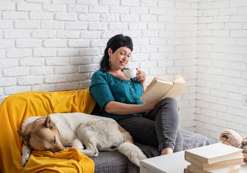 Stay home. Pet care. Smiling middle aged woman enjoying being at home and reading sitting on the sofe