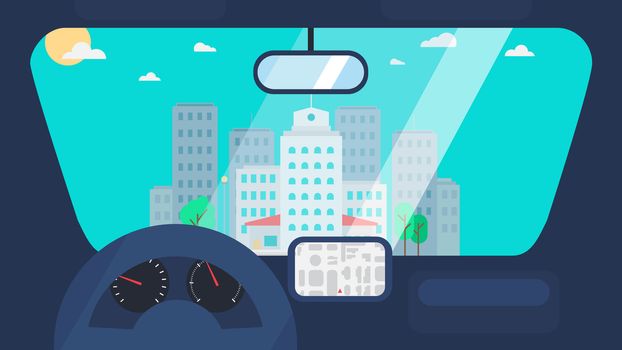Day City Life Concept. Town street from inside car interior with wheel, speedometer, gps navigator. Urban Landscape Banner with buildings, trees, shop, stores, sky and sun. Vector