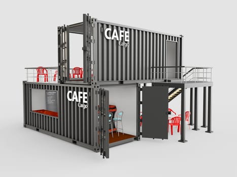Converted old shipping container into cafe, 3d Illustration isolated gray.