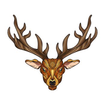 Deer bright colorful head with horns for t-shirt, tattoo, print, fabric, poster and illustrations. Vector