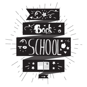 Vintage Back To School Lettering Banner. Knowledge day greeting card with book and pencil for print, t-shirt, badge, cloth, poster. Vector