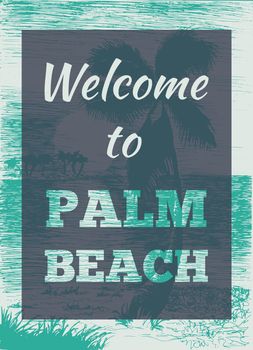 Vector tropical summer illustration with palm tree and islands. Welcome to palm beach. Vector