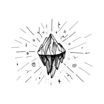 Inspirational mountain for tattoo, print, fabric, t-shirt, greeting, card. Vintage boho hand drawn nature iceberg peak. Travel outdoors adventure sign. Motivational meditation design element. Vector