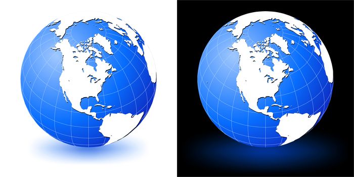 Illustration of earth globe on white and black backgrounds with glow shadow.