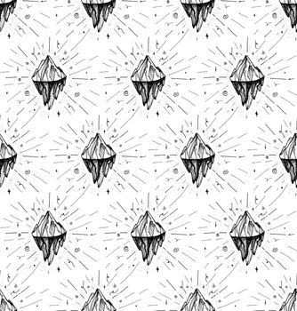 Inspirational mountain seamless pattern for print, fabric, t-shirt, greeting, card. Vintage boho hand drawn nature iceberg peak. Travel outdoors adventure. Motivational meditation ornament. Vector