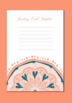 Mandala vintage template card in arabic and indian, islam and ottoman, turkish, asian style for brochure, flyer, greeting, invitation card, cover. Format A4. Floral holiday ornamental design. Vector