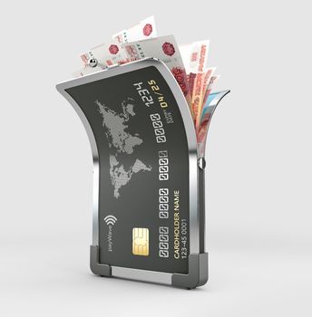 3d Rendering of Open Credit card with Russian rubles banknotes, clipping path included.