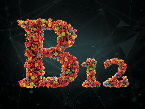 3d Rendering of vitamin B12 on abstract background. Concept of dietary supplements.