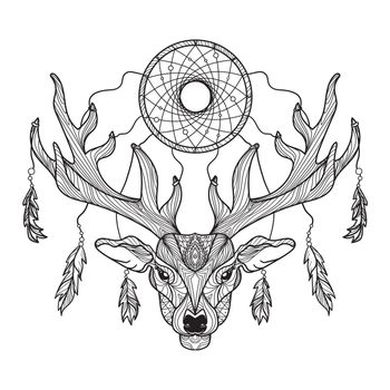 Deer head with horns and dreamcatcher for t-shirt, tattoo, print, fabric, poster and illustrations. Vector