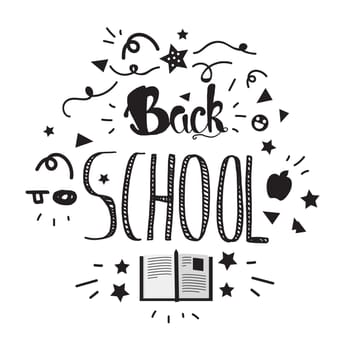 Vintage Back To School Lettering Banner. Knowledge day greeting card with book and pencil for print, t-shirt, badge, cloth, poster. Vector