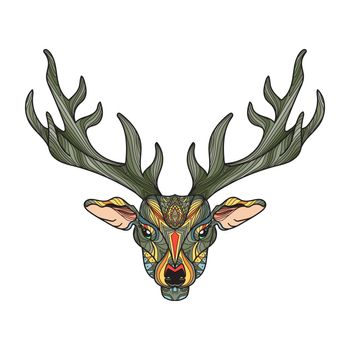 Deer bright colorful head with horns for t-shirt, tattoo, print, fabric, poster and illustrations. Vector