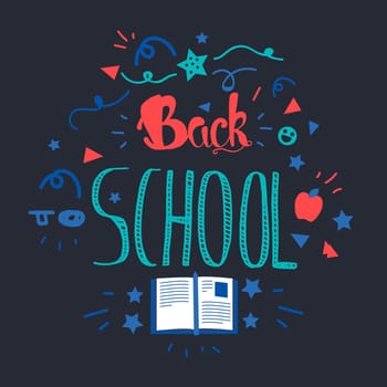 Vintage Back To School Lettering Banner. Knowledge day greeting card with book and pencil for print, t-shirt, badge, cloth, poster. Vector
