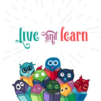Hand Drawn Funny Owl with Book banner. Library, School and Education Symbol. Owls Learning subject for print, fabric, wrap and illustration, game, web and children's items, greeting card. Vector