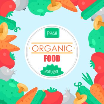 Fresh Vegetable Banner from tomato, cucumber and cabbage, carrot, mushroom and garlic. Tasty natural food badge. Vegan sticker. Eco design element. Vector