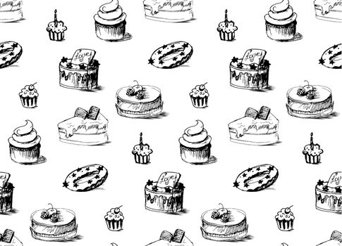 Tasty Cakes Seamless Pattern. Cream Food Background. Bakery sticker and wrap, print and fabric. Candy, sweet wallpaper. Vector