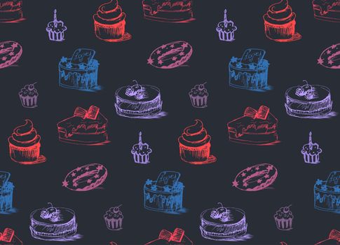 Tasty Cakes Seamless Pattern. Cream Food Background. Bakery sticker and wrap, print and fabric. Candy, sweet wallpaper. Vector